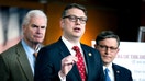 Rep. Nick Begich, R-Alaska, speaks during a news conference with House Republican leadership in the Capitol Visitor Center on Nov. 18, 2025. Speaker of the House Mike Johnson, R-La., right, and House Majority Whip Tom Emmer, R-Minn., also appear. - Fox Business News