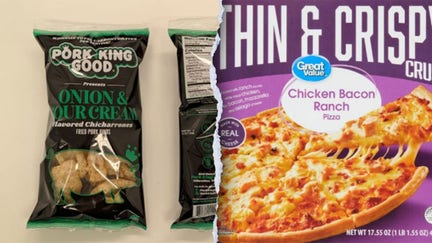 Great Value Thin Crust Chicken Bacon Ranch Pizza and Pork King Good Sour Cream & Onion Pork Rinds are among several items being recalled amid concerns of salmonella contaminations.  - Fox Business News
