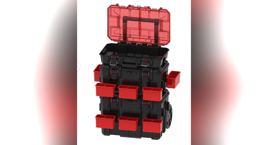 This image shows the Hyper Tough Hyper Stack heavy-duty three-piece modular rolling toolbox system in black. Walmart is expanding its Hyper Tough hardware lineup as part of a broader push into private-label and exclusive merchandise offerings