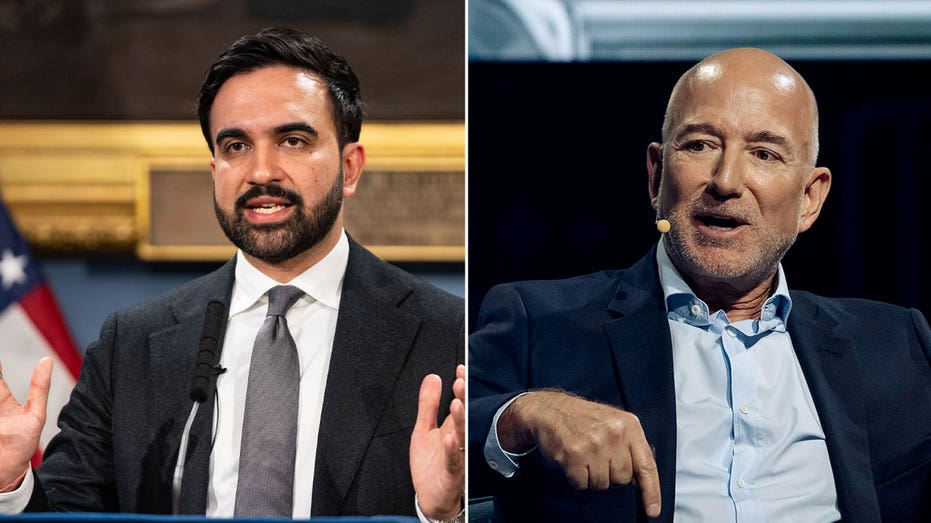 Split image of Zohran Mamdani and Jeff Bezos