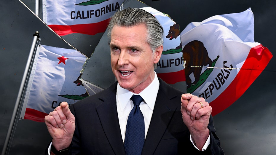 Governor Gavin Newsom and cracked California flag