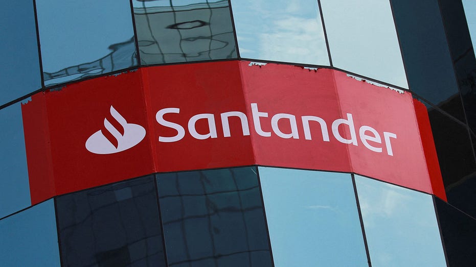 The Santander bank is seen on the facade of the corporate building