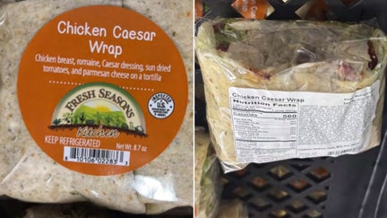 Front and back views of the Fresh Seasons Kitchen Chicken Caesar Wrap included in a USDA public health alert over possible Listeria monocytogenes contamination. - Fox Business News