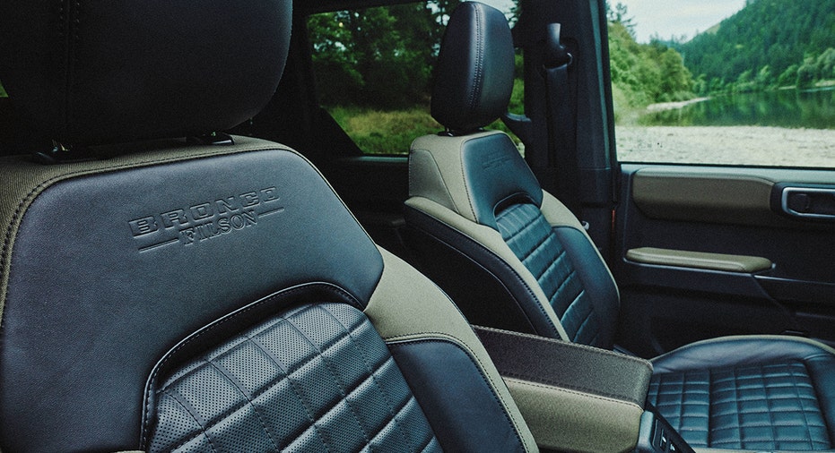Quilted leather seats are shown inside a 2027 Ford Bronco Filson