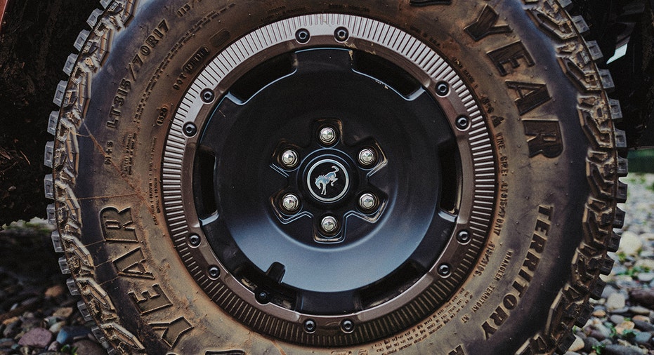 The wheel and tire of a 2027 Ford Bronco Filson is shown.