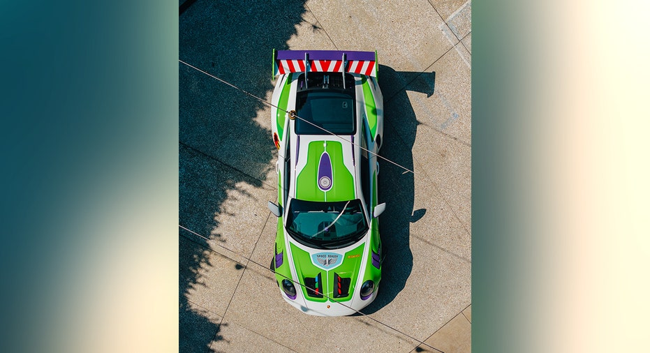 A Buzz Lightyear-inspired Porsche 911 GT3 RS shows off its red-and-white rear wing, a nod to the animated Space RangerÃ¢ÂÂs flight gear, in a custom design for Disney and PixarÃ¢ÂÂs 