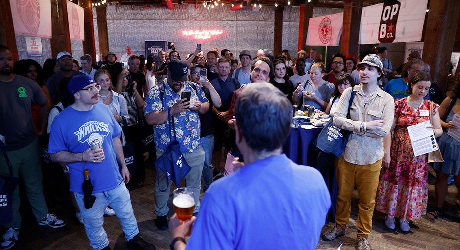 Samuel Adams founder Jim Koch speaks to attendees during the Crafting Dreams Beer Bash in Brooklyn, New York, on June 11, 2026.
