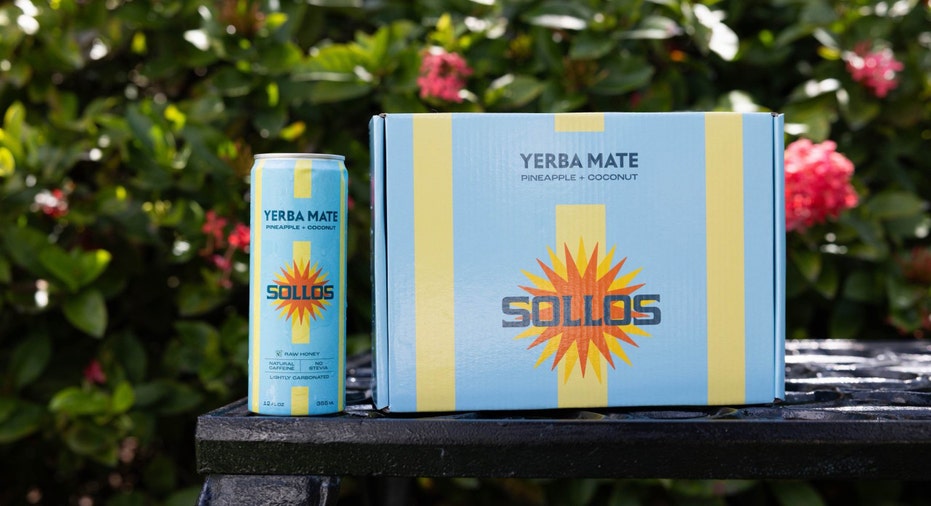 A can and 12-pack box of SOLLOS Yerba Mate