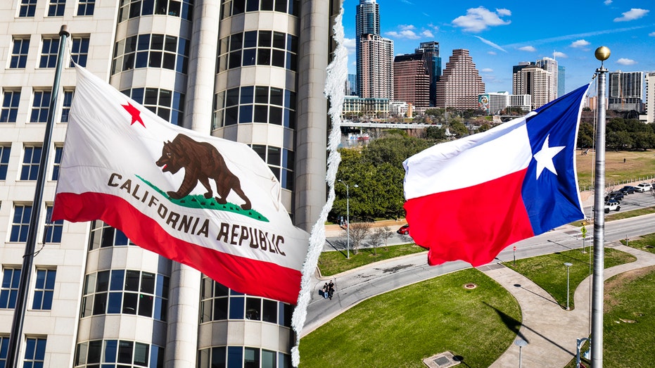 California and Texas flags outside of offices