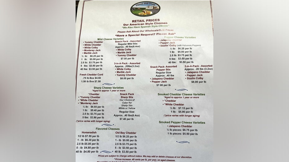 A Clover Hill Dairy retail price list shows several cheese varieties sold by the Maryland dairy. State health officials expanded a consumer advisory to all cheese products made by Clover Hill Dairy because of possible listeria contamination.