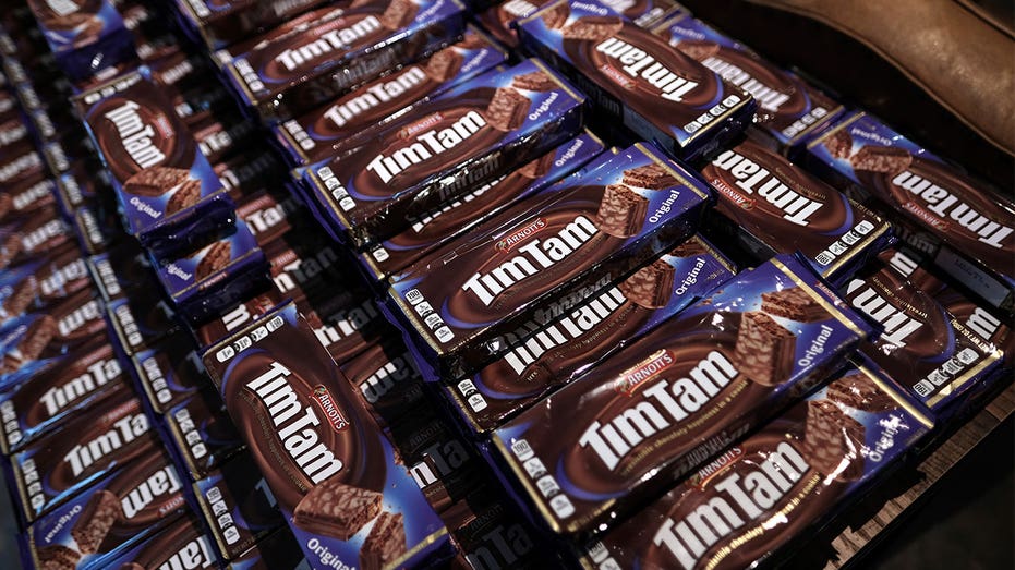 Tim Tam chocolate biscuit bars displayed at a promotional event in Los Angeles