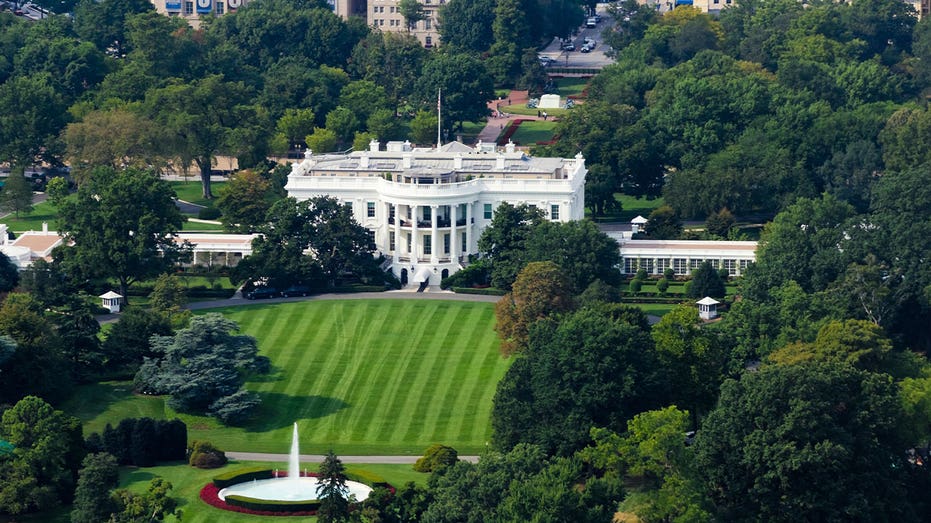 An aerial view of the White House lawn