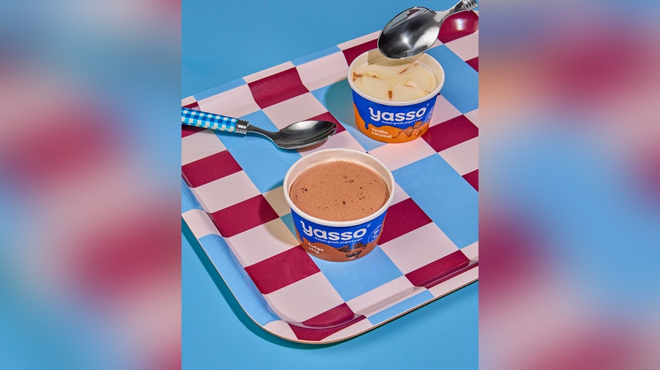 two flavors of yasso cups displayed on a tray