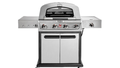 A stainless steel four-burner gas grill with side shelves and lower cabinet storage. - Fox News