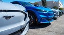 A few brand new Ford Mach-E mustangs for sale at the Autonation Ford Dealership in Santa Clarita, California - Fox Business News