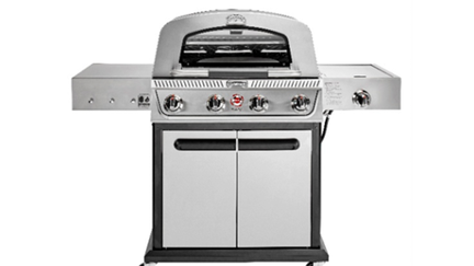 A stainless steel four-burner gas grill with side shelves and lower cabinet storage. - Fox Business News