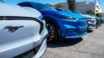 A few brand new Ford Mach-E mustangs for sale at the Autonation Ford Dealership in Santa Clarita, California - Fox Business News