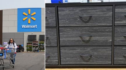 A split image shows a Walmart store exterior and the recalled EnHomee 9-Drawer Fabric Dresser. Federal regulators recalled more than 16,800 of the dressers sold on Walmart.com after determining they violate mandatory federal safety standards for clothing storage units. - Fox Business News