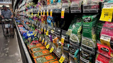 Packages of Taylor Farms salad greens are displayed at a Safeway store in Kings Beach, California, on July 16, 2026. - Fox Business News