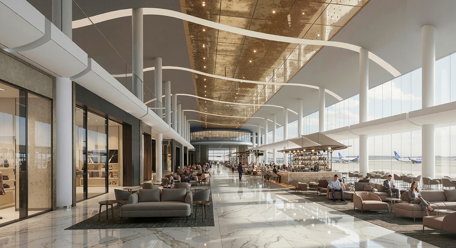 A conceptual rendering depicts a proposed passenger seating and dining area at Washington Dulles International Airport.
