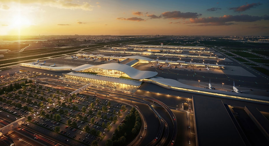 A conceptual aerial rendering depicts the proposed redevelopment of Washington Dulles International Airport.