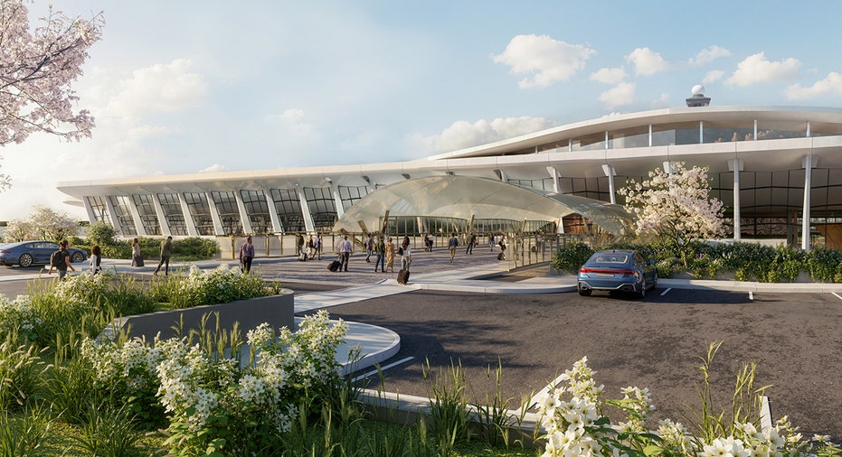 A conceptual rendering depicts another proposed exterior view of the Dulles airport modernization.