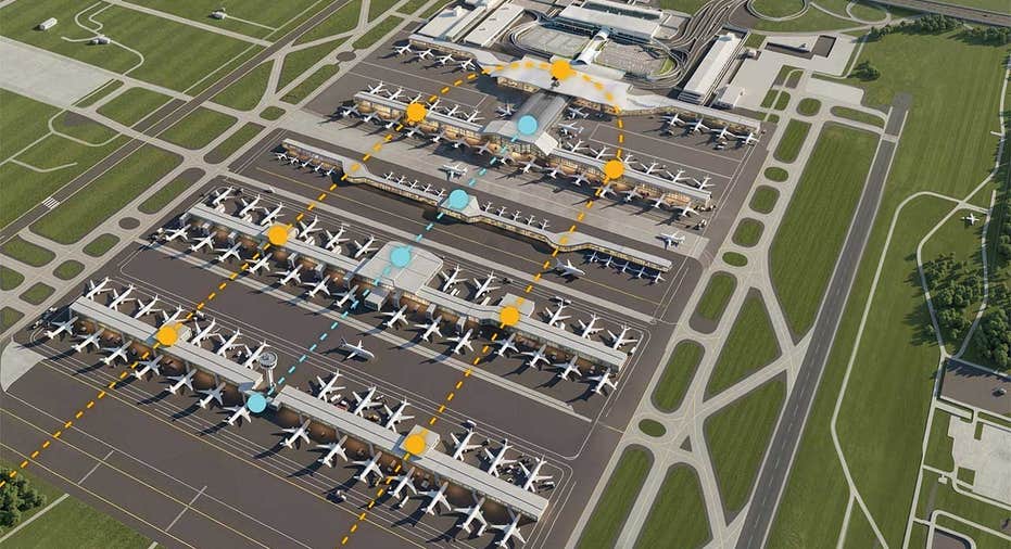 A conceptual aerial rendering illustrates proposed terminal and concourse changes at Dulles airport.