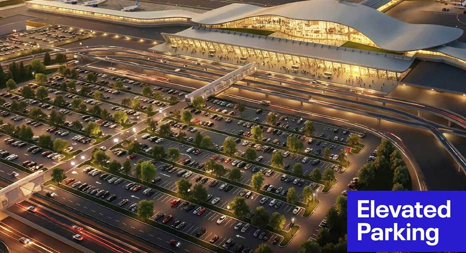 A conceptual rendering highlights proposed parking and roadway improvements outside the airport terminal.