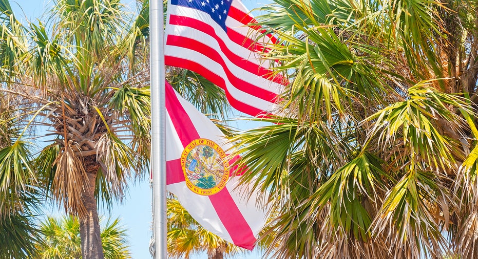 US and Florida flags fly in palm trees