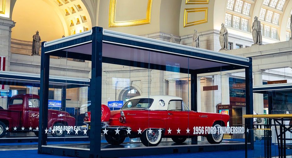 A 1956 Ford Thunderbird is showcased inside Union Station as part of Ford’s celebration of American automotive history.