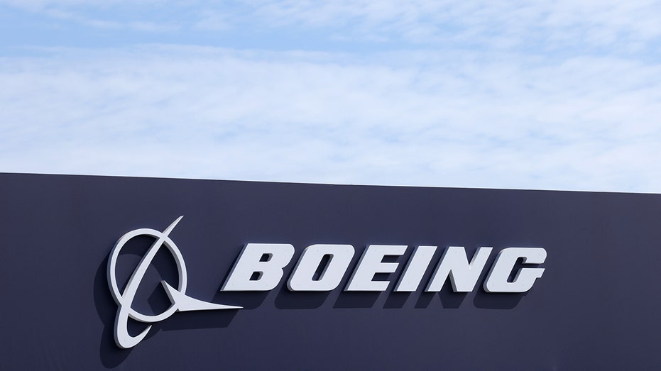A logo outside the Boeing Co. chalet at the Farnborough International Airshow