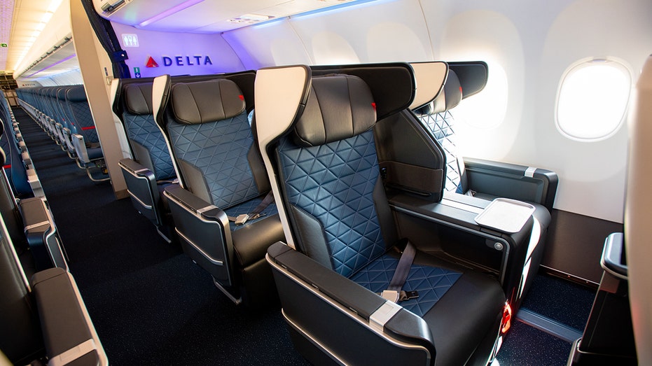 A Delta A321neo Domestic First Class cabin is shown