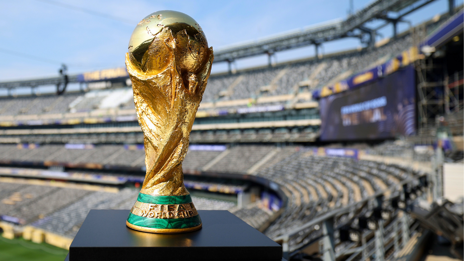 The FIFA World Cup Trophy is displayed at a U.S. stadium ahead of the FIFA World Cup Final on July 15, 2026.