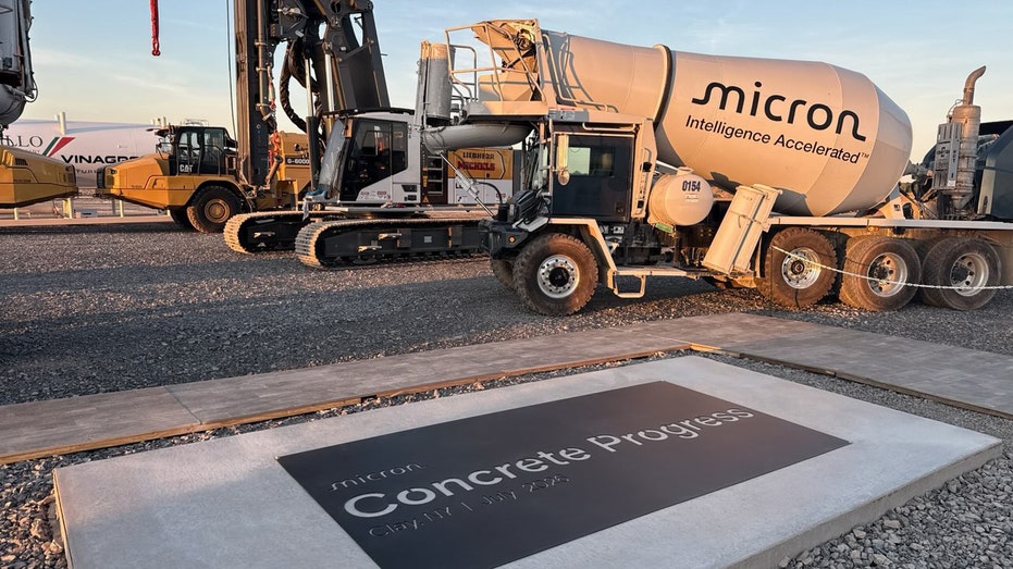 A commemorative plaque marks the milestone concrete pour at Micron’s New York site.