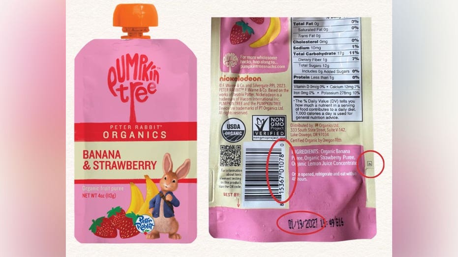 Recalled Pumpkin Tree Banana & Strawberry fruit puree pouch showing identifying barcode and best-by date