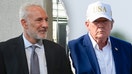 Left: Peter Schiff during the London Blockchain Conference at The Queen Elizabeth II Conference Centre on June 2, 2023 in London, England; Right: U.S. President Donald Trump gestures as he boards Air Force One on Aug. 9, 2026 at Morristown Airport in Morristown, N. J. - Fox Business News