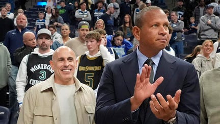 Minnesota Timberwolves minority owners Marc Lore and Alex Rodriguez celebrate the team&rsquo;s win over the Phoenix Suns at Target Center in Minneapolis, Minnesota, on March 28, 2025. - Fox Business News