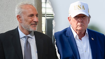 Left: Peter Schiff during the London Blockchain Conference at The Queen Elizabeth II Conference Centre on June 2, 2023 in London, England; Right: U.S. President Donald Trump gestures as he boards Air Force One on Aug. 9, 2026 at Morristown Airport in Morristown, N. J. - Fox Business News