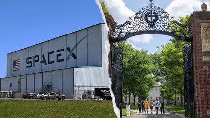 A SpaceX facility and Harvard University campus are shown. Harvard Management Company disclosed a $2.2 billion stake in Elon Musk&rsquo;s rocket company. - Fox Business News