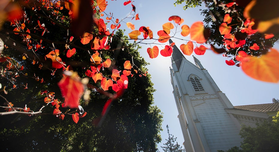 Atherton historic church with fall leaves