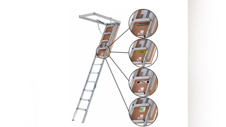 The brand marking is shown on a recalled attic stairway ladder equipped with gas struts.