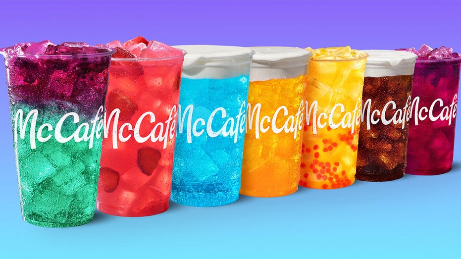 McDonald’s crafted sodas and specialty drinks displayed in McCafé cups
