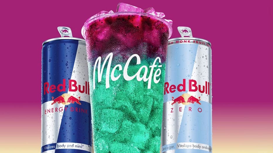 McDonald’s Red Bull Dragonberry Energizer displayed between Red Bull and Red Bull Zero cans