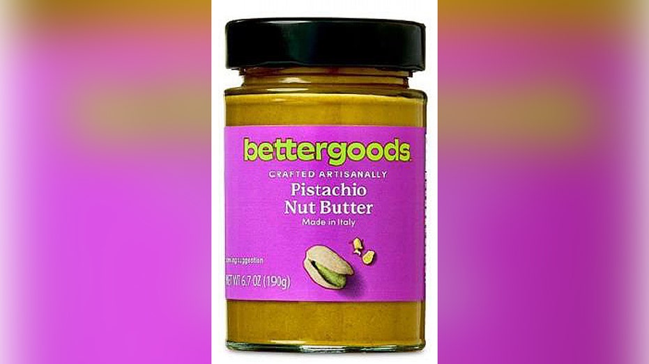 pistachio nut butter jar with pink label