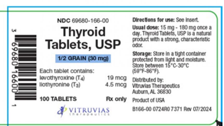 Label for Vitruvias Therapeutics Thyroid Tablets, USP 30 mg, included in a nationwide recall