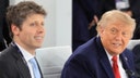 US President Donald Trump (C) and Open AI CEO Sam Altman (L) react during a working lunch meeting of G7 members, partner countries, and artificial intelligence business leaders as part of the G7 summit, in Evian, eastern France, on June 17, 2026. 