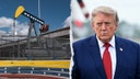 A split image of an oil pump in Venezuela and President Trump