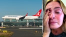 A composite image showing Turkish Airlines plane landing at an airport split with a passenger wiping away tears - Fox Business News