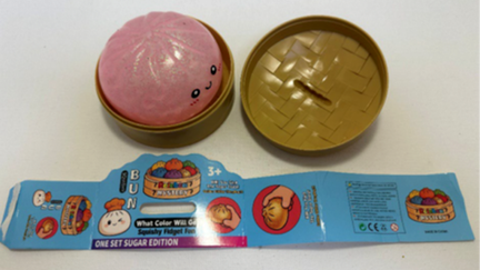Recalled Rainbow Mystery Squishy Bun, tan container and packaging - Fox Business News