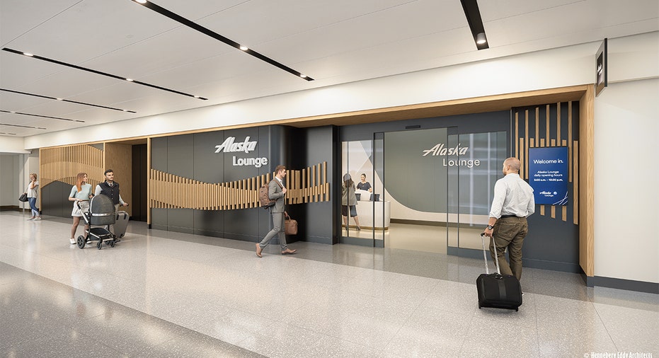 A rendering shows the entrance to Alaska Airlines' planned lounge at San Diego International Airport.